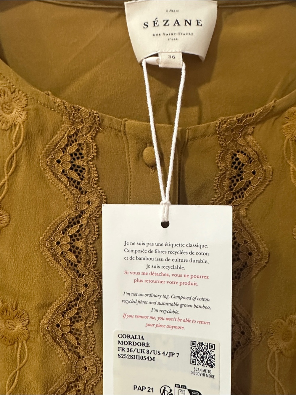 Sezane Olive-Mustard Embroidered Button shirt size 4 - Picture 5 of 16